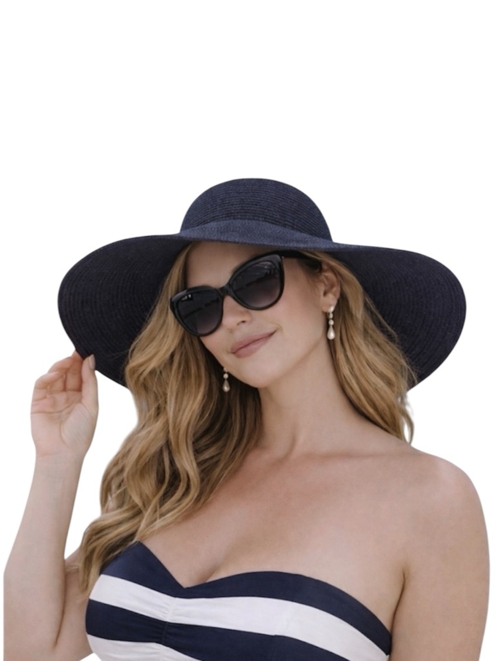 The Limited Navy Wide Brim Floppy Straw Hat Coastal Resortwear Boho Nautical